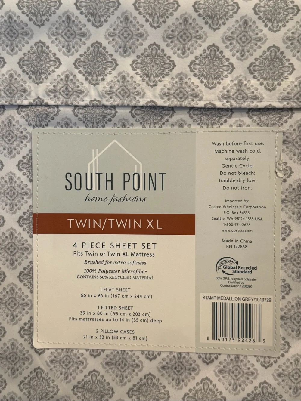 South Point Twin/Twin XL 4-Piece Sheet Set in Cream with Gray Medallion